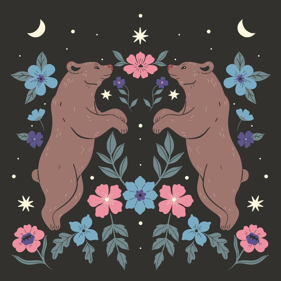 simmetrico composizione di Due orsi e fiori su un' buio sfondo. vettore grafica