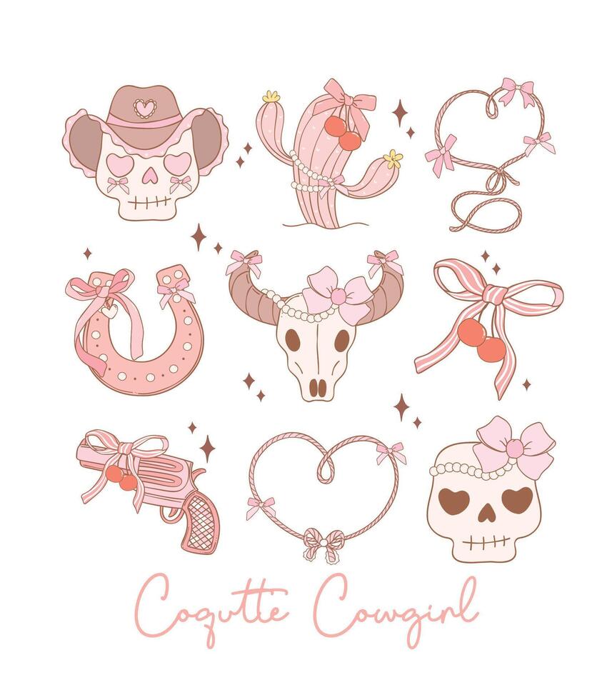 civetta cowgirl rosa nastro arco cartone animato scarabocchio. giocoso e capriccioso illustrazione camicia design. vettore