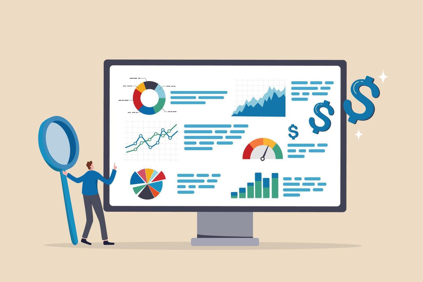 finanziario rapporto grafico e grafico diagramma, economia o bilancio analisi, investimento statistico Pannello, reddito o finanza ricerca concetto, uomo d'affari analizzare finanziario rapporto su computer schermo. vettore