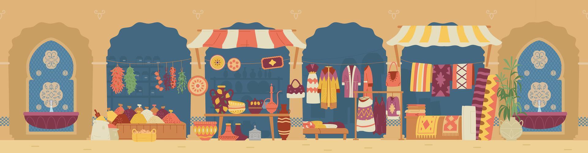 arabo strada mercato con ceramica, tappeti, Abiti e spezie bancarelle vettore orizzontale striscione. mezzo orientale bazar piatto vettore illustrazione.