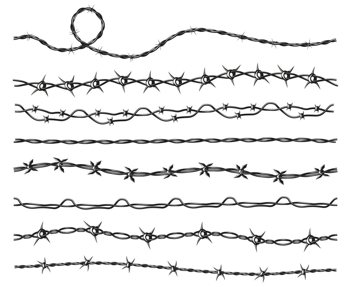 barbiglio filo. sicurezza confine recinto con spinato filo, prigione proteggere linea e confinamento, Pericolo avvertimento cartello. vettore illustrazione