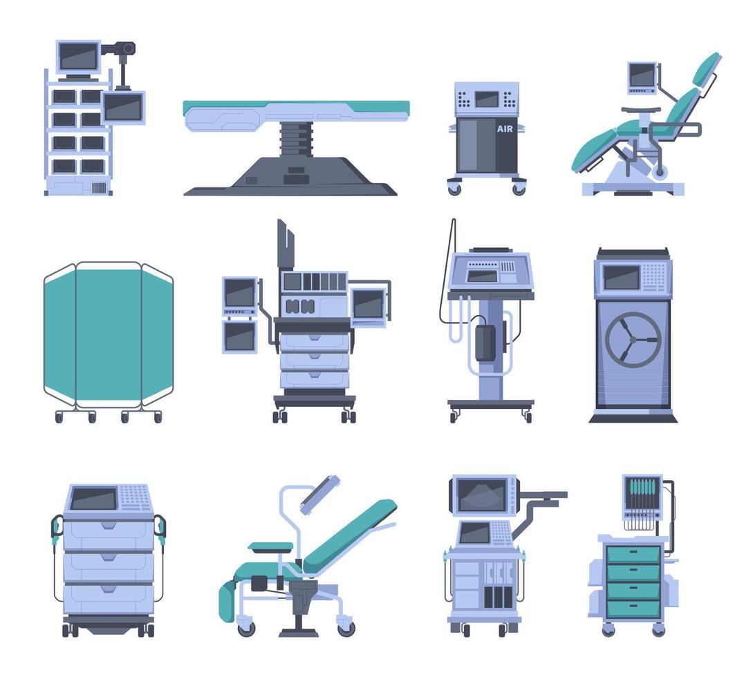 medico diagnostico attrezzatura. medico laboratorio elementi, medico paziente camera Strumenti, Salute cura tecnologia cartone animato stile. vettore impostato