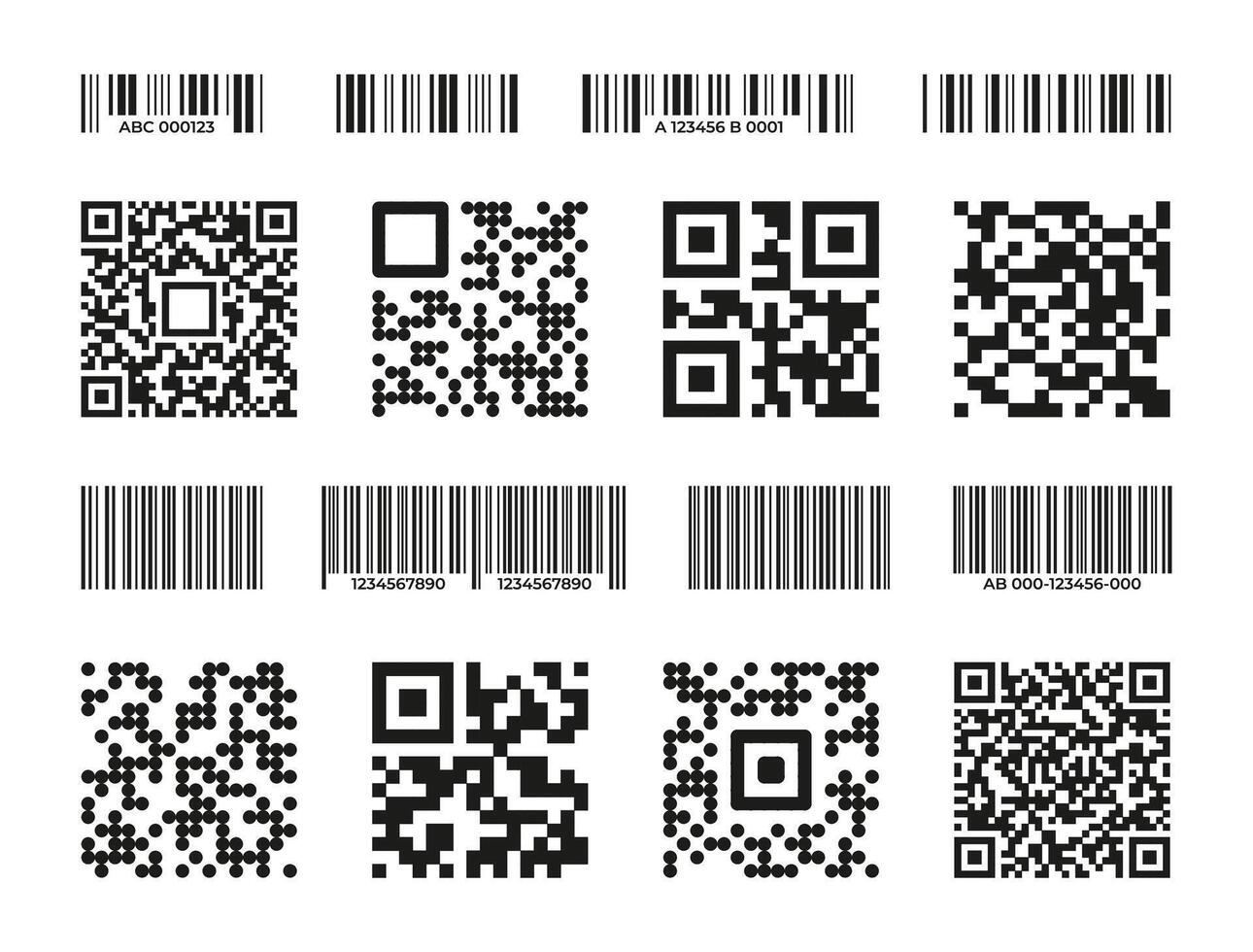 codici a barre e qr. scansione codice per etichettatura e tracciamento, nero strisce con codice a barre e numero per identificazione, supermercato Prodotto confezione elemento. vettore impostato