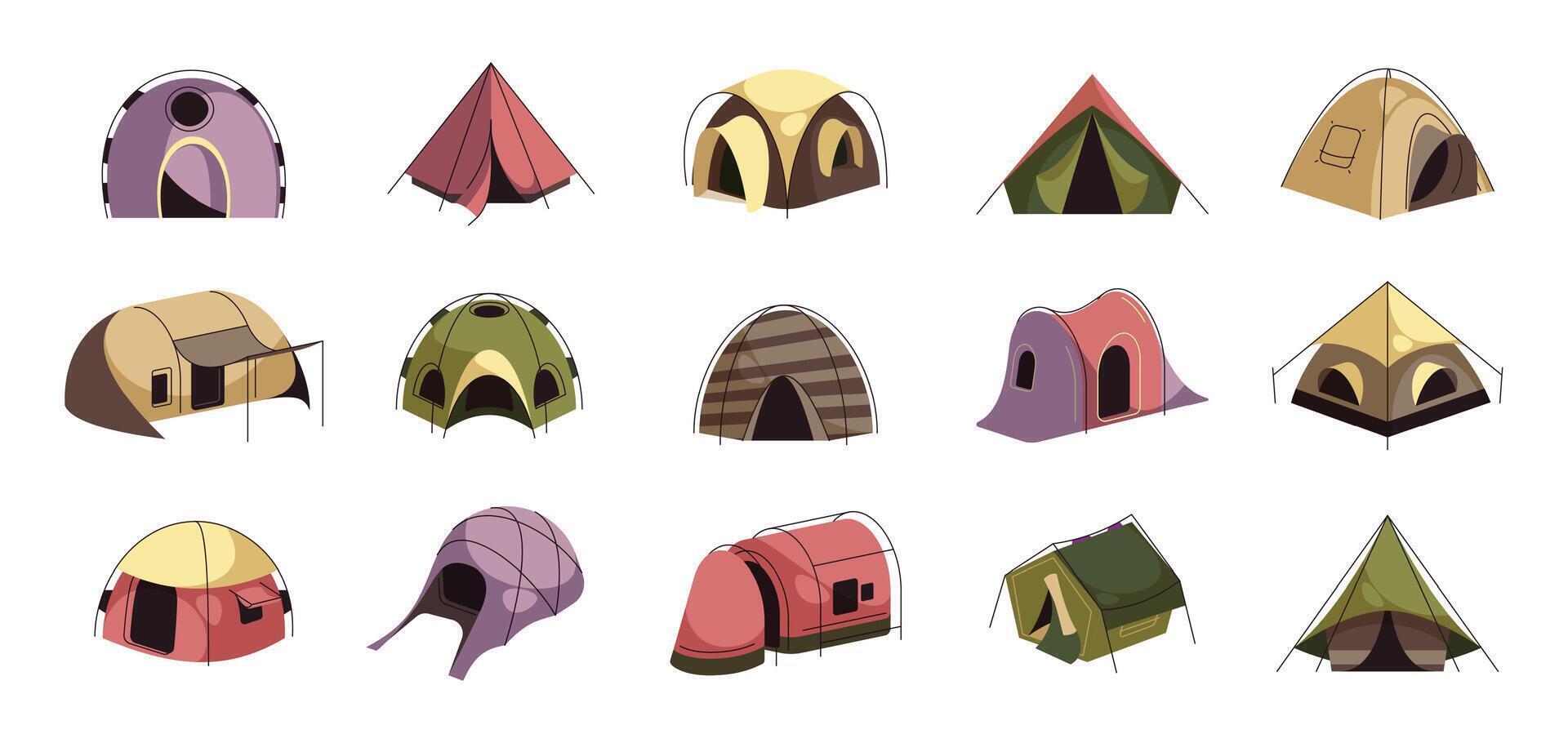 turista tenda. cartone animato campeggio bivacco riparo con tetto, escursioni a piedi il trekking picnic attrezzatura per ricreativo campeggio spedizione. vettore impostato