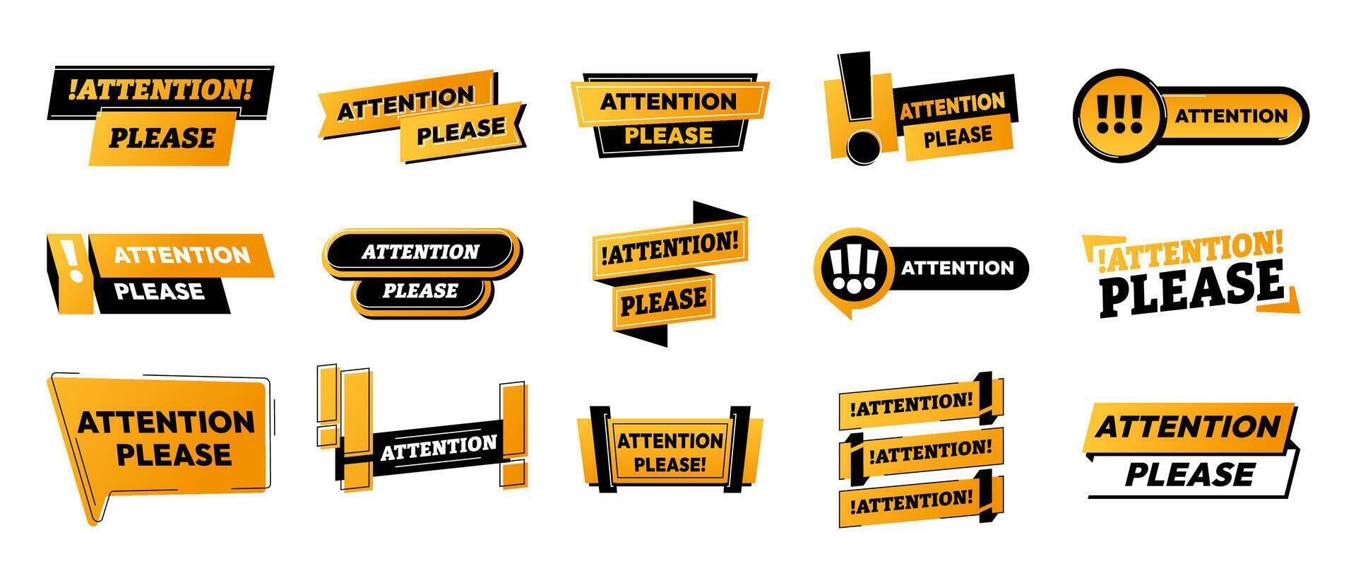 Attenzione striscioni. avvertimento Pericolo mettere in guardia cartello, attenzione informazione e importante Nota concetto. vettore giallo Pericolo e mettere in guardia badge