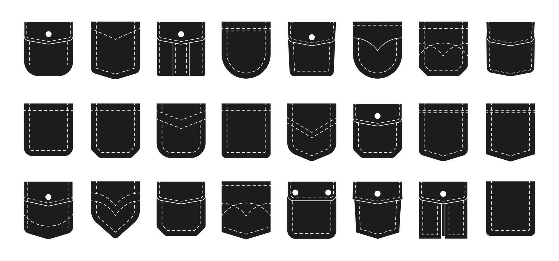 nero tasche. tessuto e denim stoffa tasca ritagliare per cucire, tessile toppa silhouette moda design. semplice vettore pantaloni elemento collezione