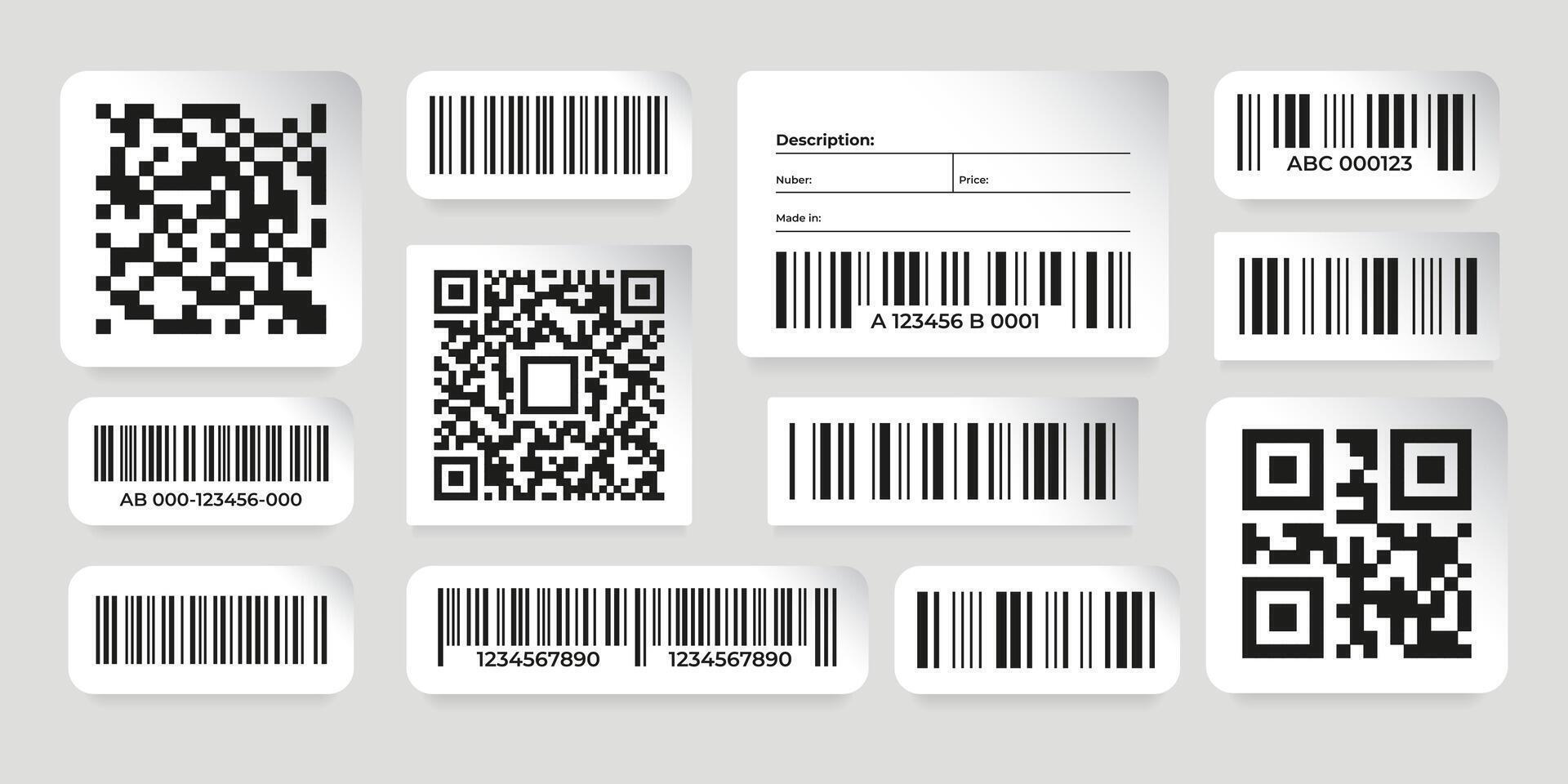 codice a barre adesivi. scansione dati etichette con qr codici su carta disposizione, supermercato sconto codici e Prodotto numero tag. vettore negozio etichetta impostato