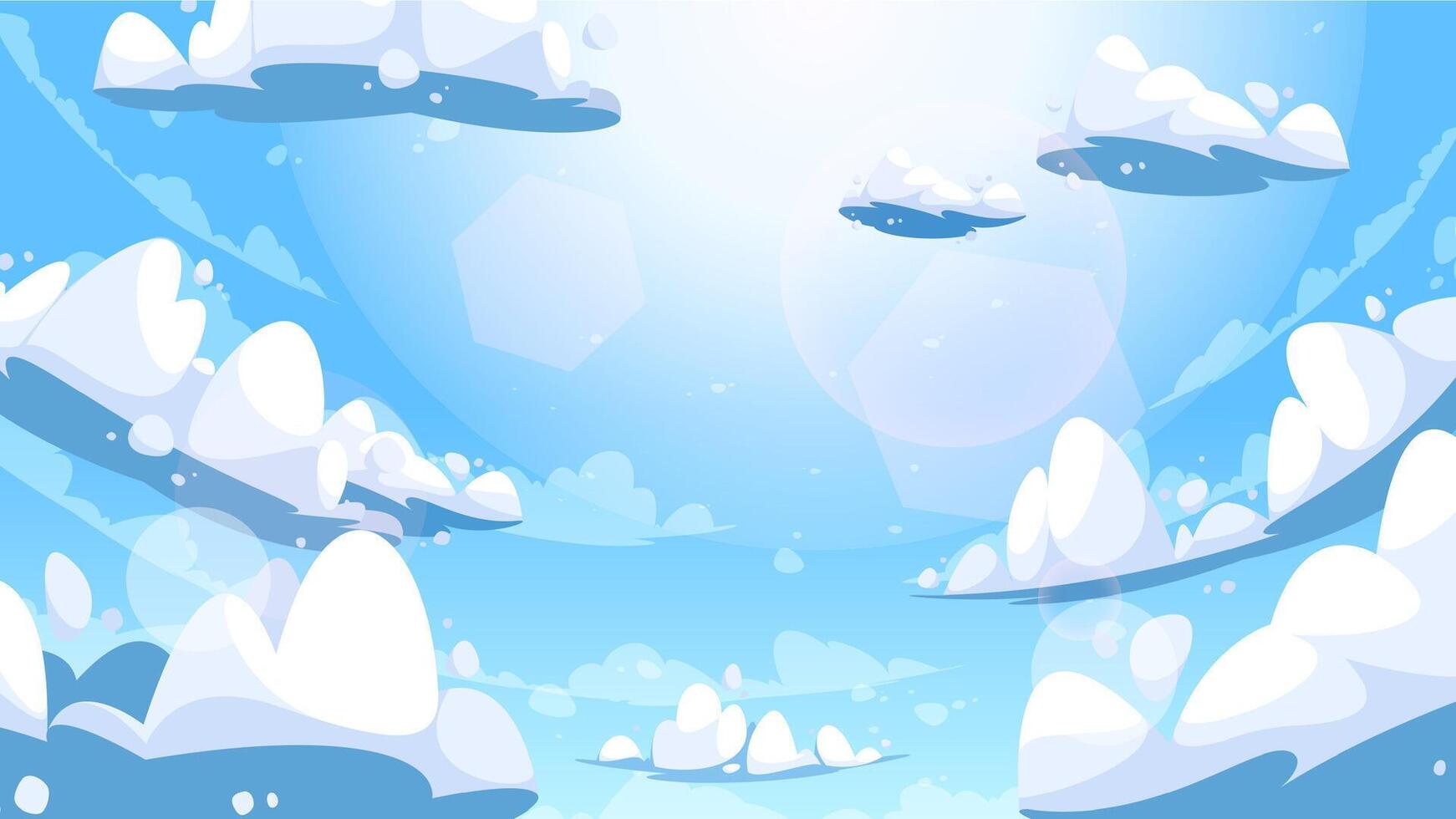 estate nuvoloso cielo. cartone animato paesaggio con bianca soffice nuvole e sole splendore. Paradiso blu cielo con natura atmosfera vettore illustrazione