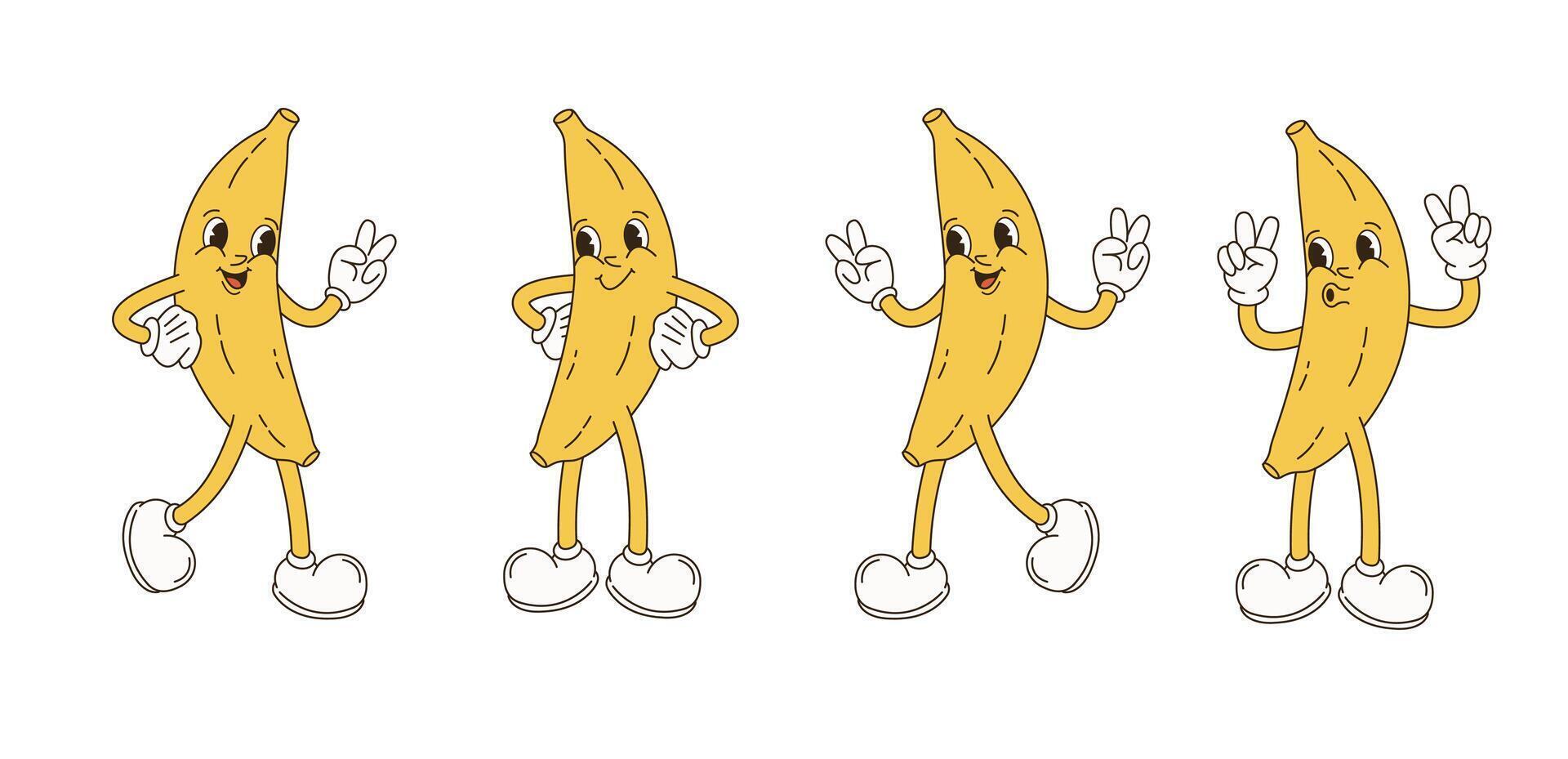 retrò cartone animato personaggio frutta impostare. vettore divertente illustrazione con Banana, ciliegia, Limone, fragola, anguria