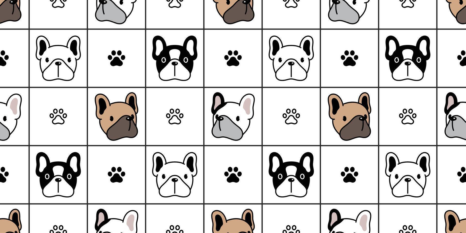 cane senza soluzione di continuità modello francese bulldog zampa orma vettore verificato ripetere sfondo sciarpa isolato piastrella sfondo cartone animato cucciolo testa animale domestico scarabocchio illustrazione design