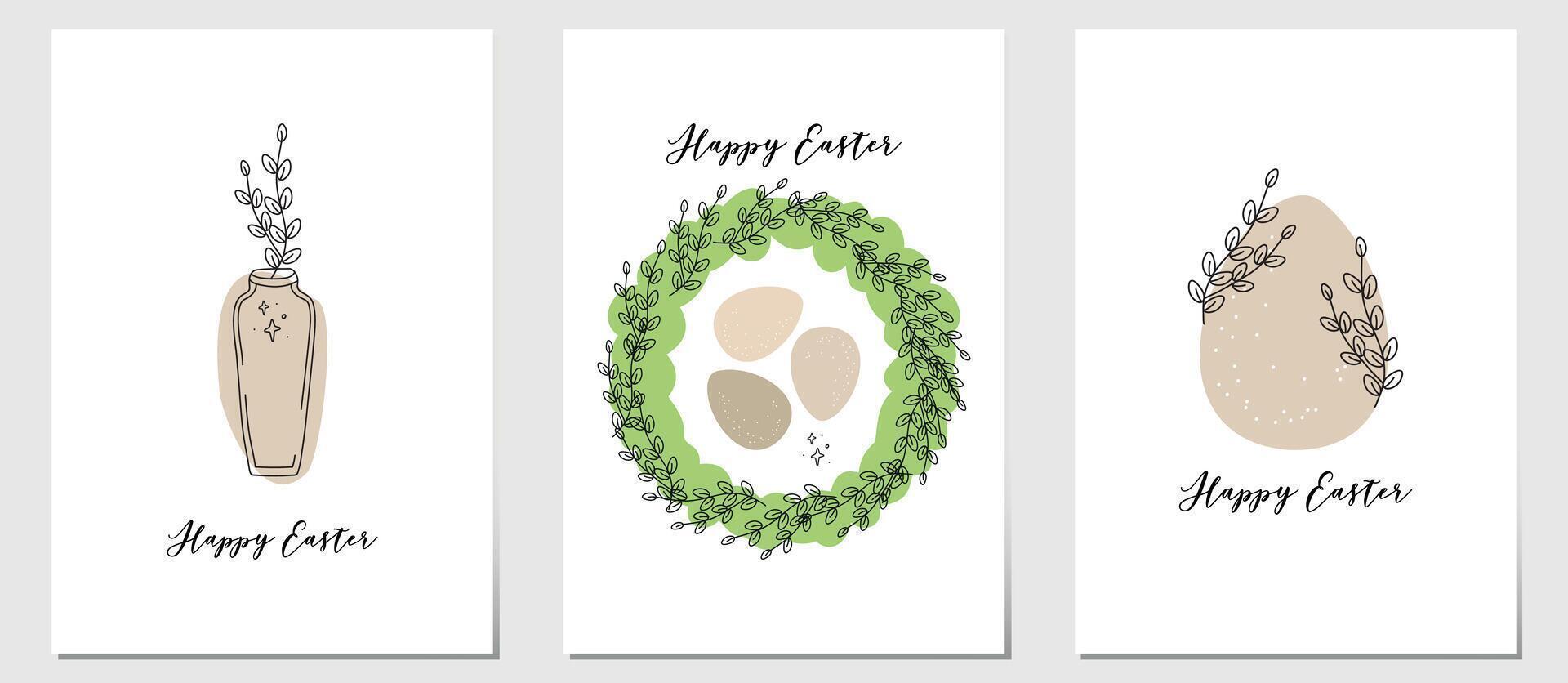 saluto carte contento Pasqua. alla moda Pasqua design con tipografia, disegnato a mano colpi, uova nel pastello colori. vettore