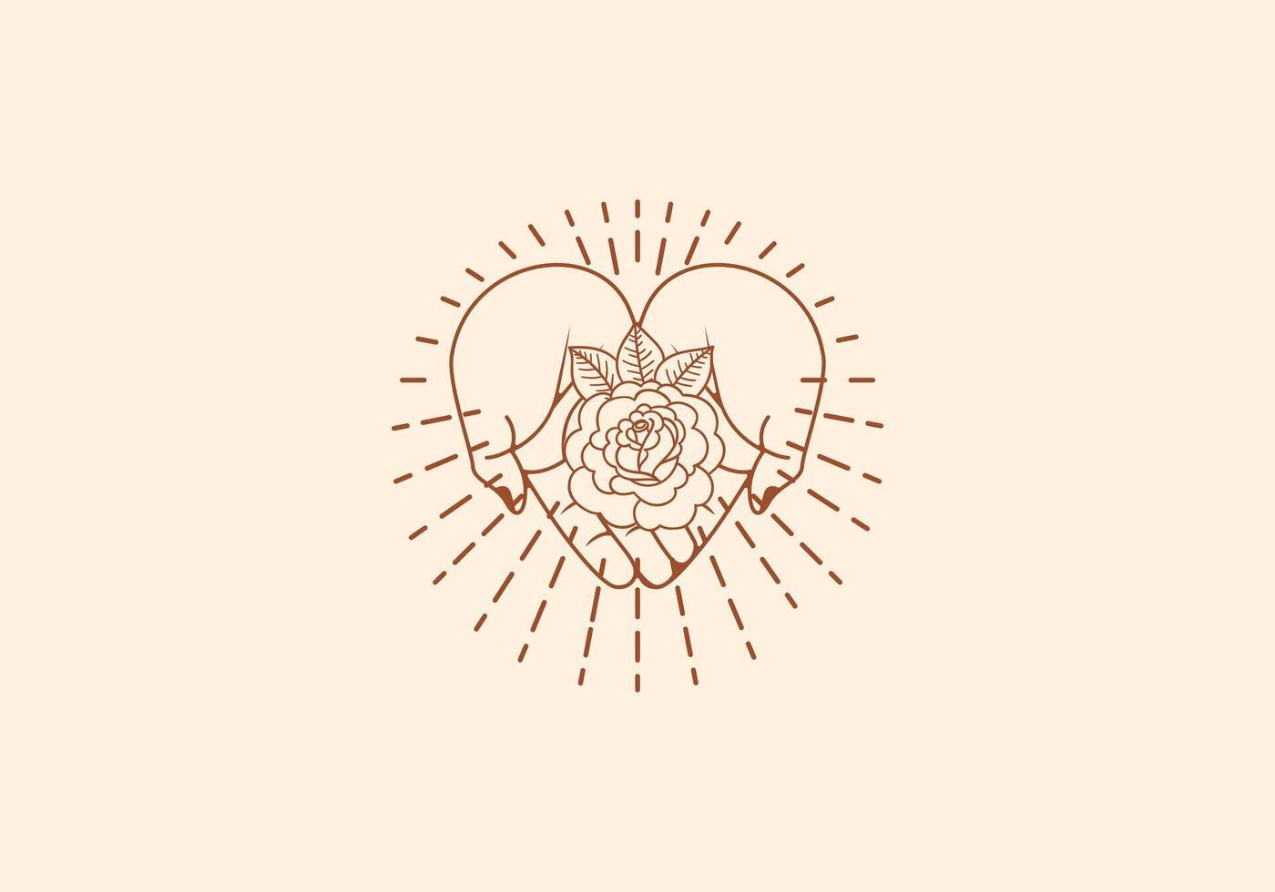 logo linea Aperto mano guardare su o chiede o pregare con rosa fiore concetto, rosa, botanico logo concetto. boho, linea, handrawn logo disegno, modificabile colore vettore