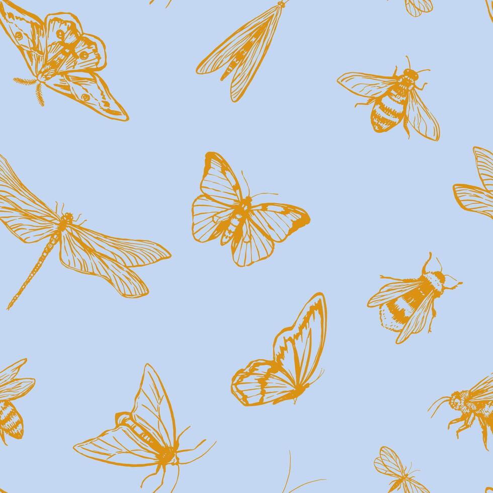 volante insetti vettore senza soluzione di continuità modello. mano disegnato illustrazione di bug, farfalle, libellula, falena, api. retrò stile ornamento per design sfondo, arredamento, sfondo.