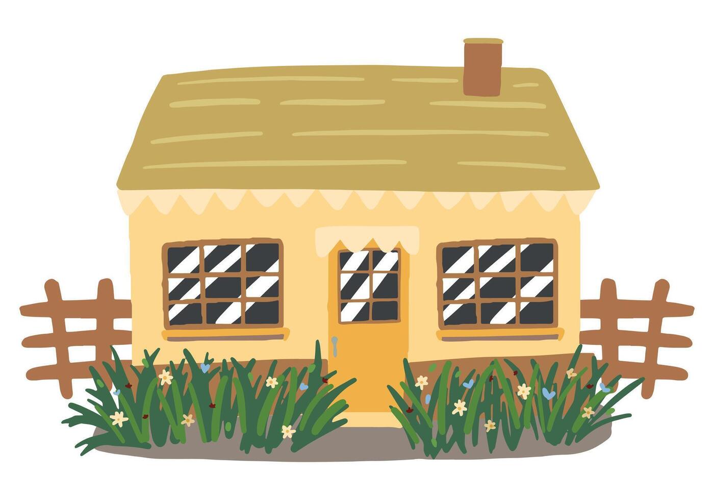 accogliente Casa nel cottagecore estetico. bello costruzione. villaggio casa. mano disegnato vettore illustrazione. semplice cartone animato disegno isolato su bianca. singolo clipart per arredamento, etichetta, disegno, carta, Stampa.