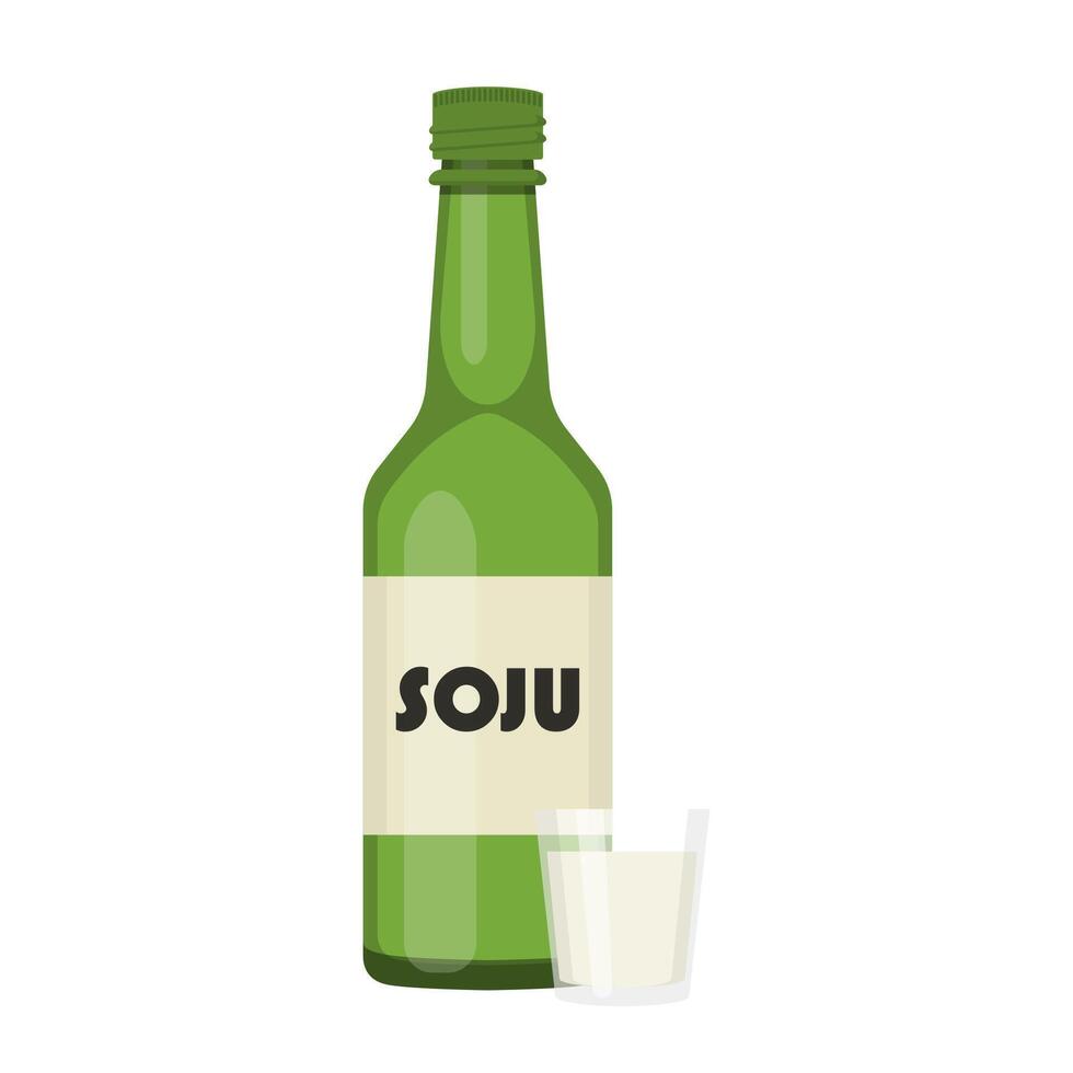 coreano alcool bevanda soju bicchiere bottiglia e tazza cartone animato illustrazione vettore