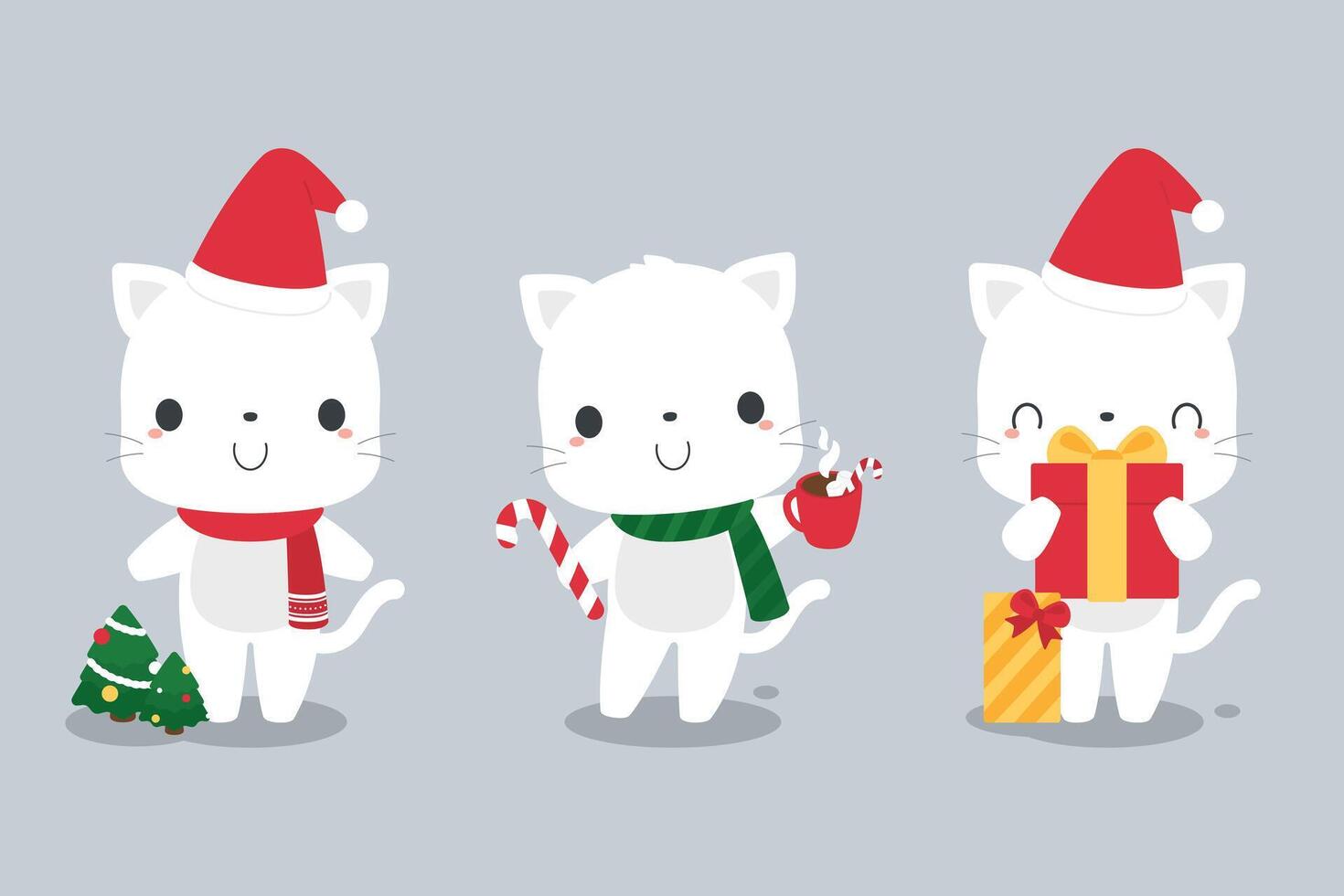 impostato di carino bianca gatto cartone animato personaggi nel festivo Natale vacanza stagione concetto. piatto vettore illustrazione.