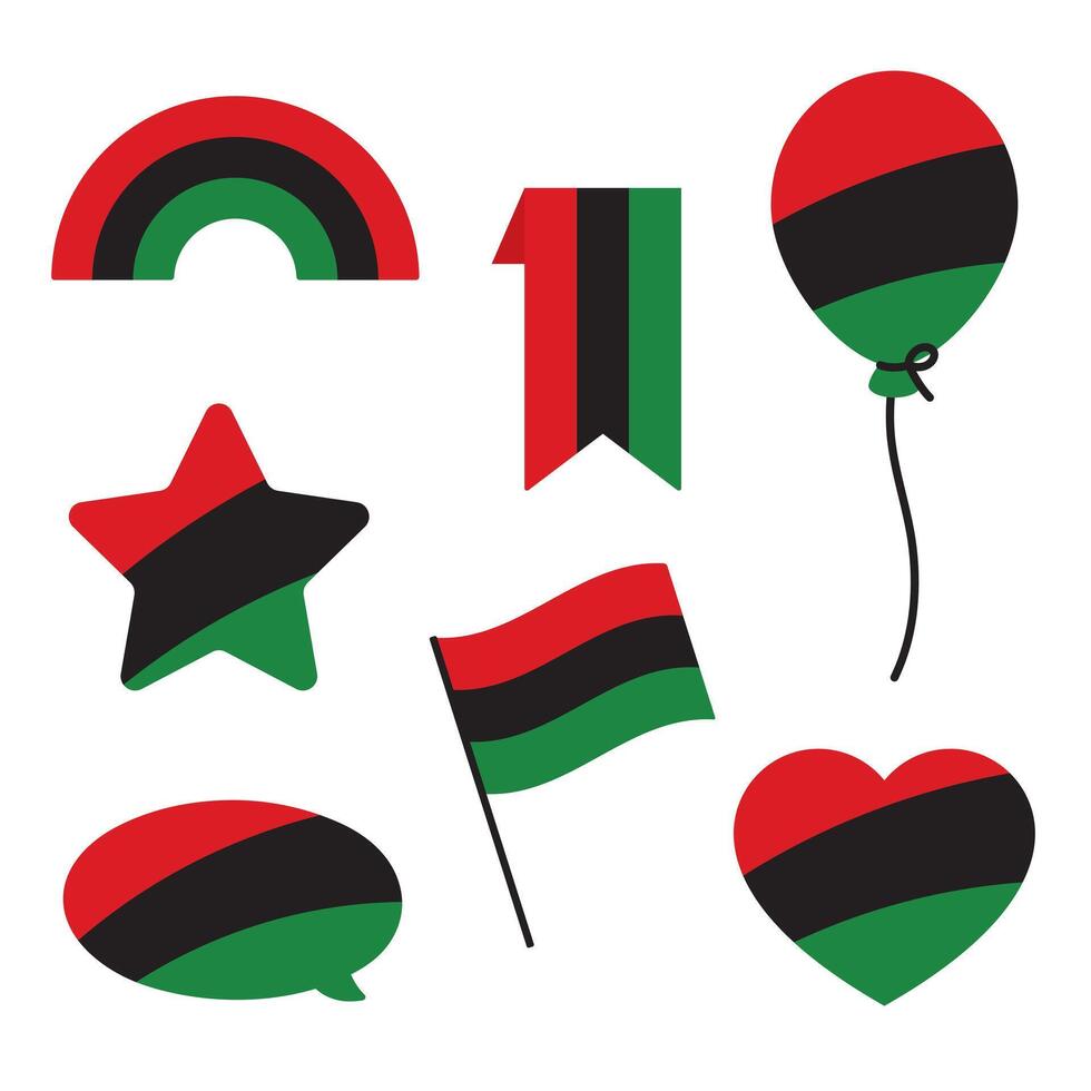 rosso, nero e verde colorato cuore, stella, arcobaleno, Palloncino, bandiera, discorso bolla forma icone come il colori di il panafricano bandiera. per juneteenth e nero storia mese. piatto vettore illustrazione.