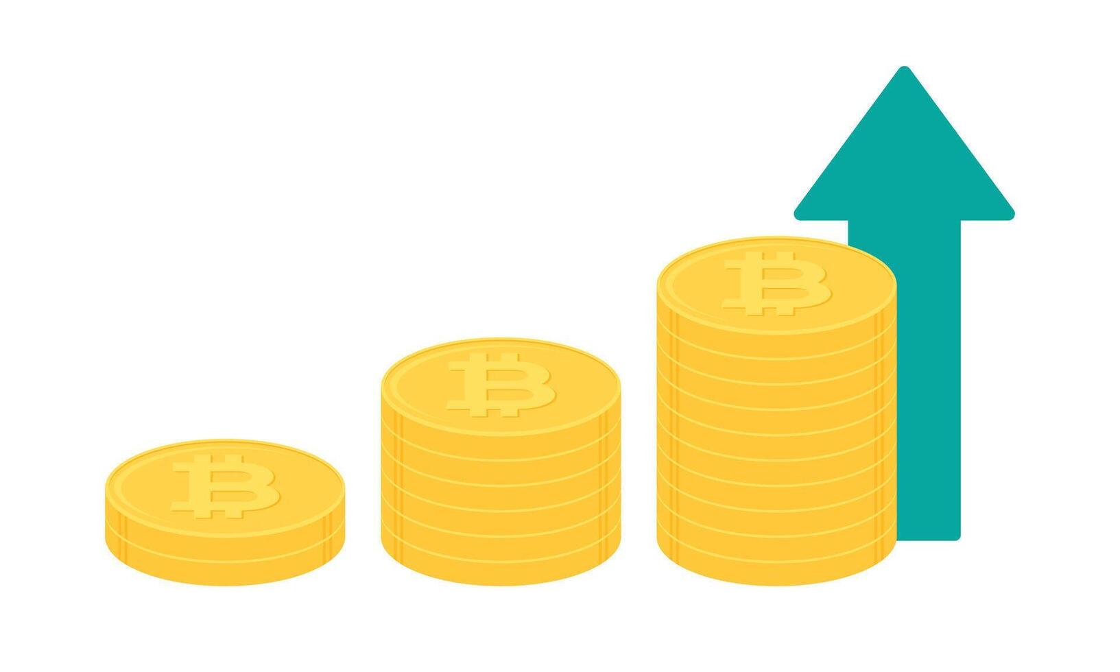 pila di oro bitcoin monete con verde verso l'alto puntamento freccia. criptovaluta, digitale moneta, attività commerciale e finanza concetto. piatto design vettore illustrazione.