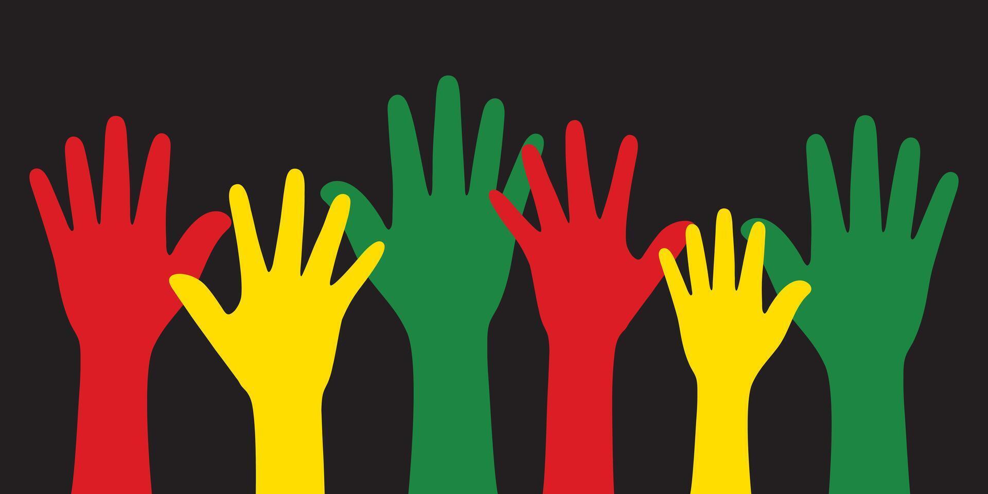 silhouette di rosso, giallo e verde colorato mani come il colori di il nero storia mese bandiera. piatto vettore illustrazione.