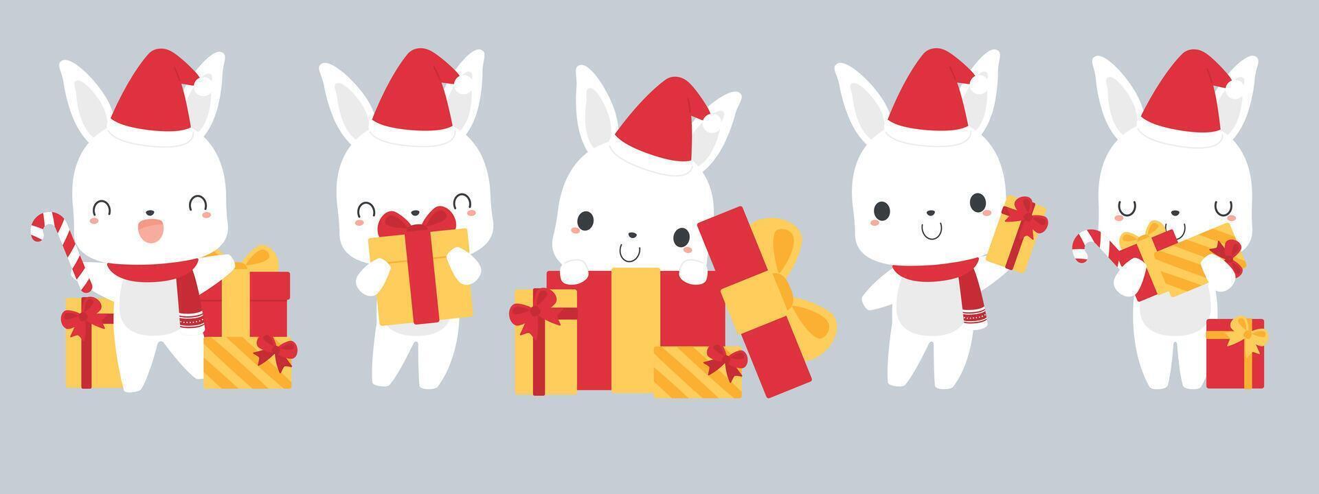 impostato di carino bianca coniglietto coniglio cartone animato personaggi nel festivo Natale vacanza stagione concetto. piatto vettore illustrazione.