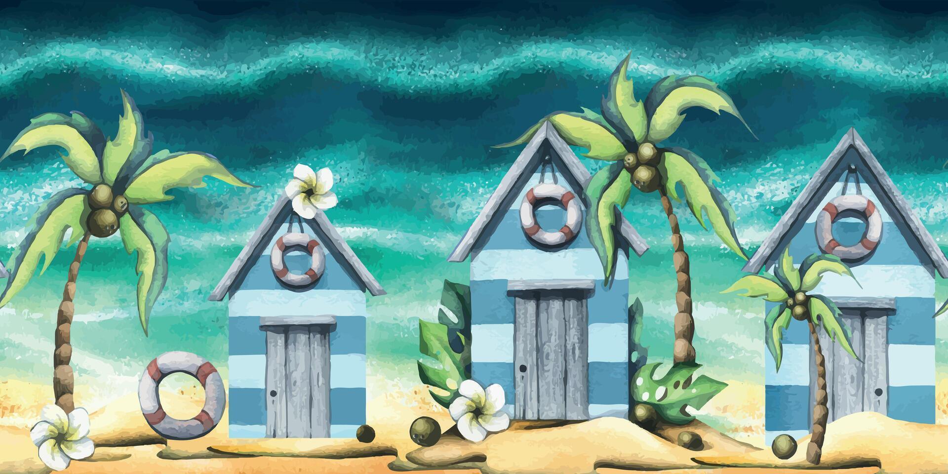 spiaggia, mare case, carino, di legno con Noce di cocco palme su un' sabbioso isola. acquerello illustrazione nel cartone animato stile. senza soluzione di continuità estate, spiaggia confine per tessuto, tessili, sfondo, confezione, souvenir. vettore