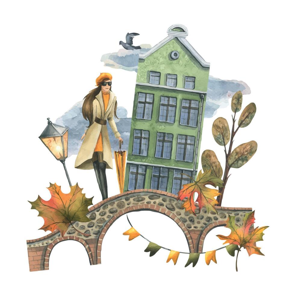antico europeo case siamo colorato, con autunno alberi e foglie, con un' ragazza nel un' impermeabile con un ombrello. mano disegnato acquerello illustrazione. il composizione è isolato a partire dal il sfondo vettore