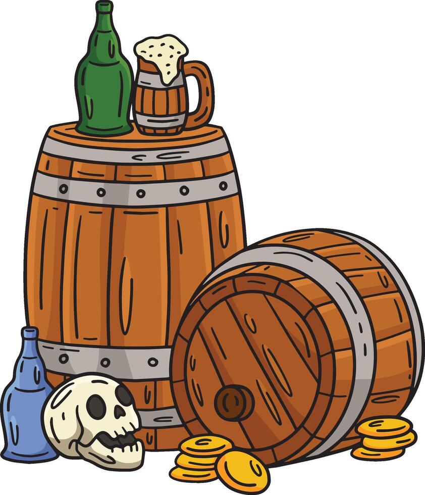 pirata Rum e botti cartone animato colorato clipart vettore