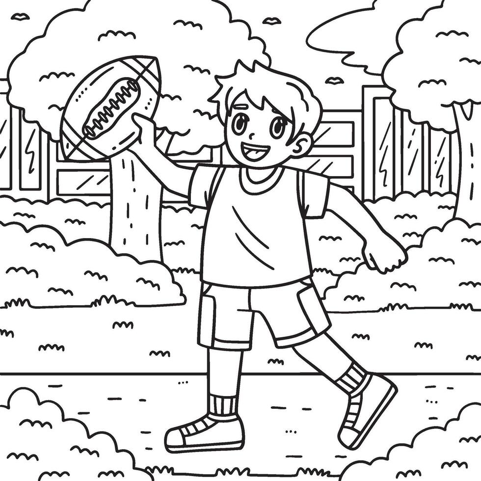 americano ragazzo giocando calcio colorazione pagina vettore