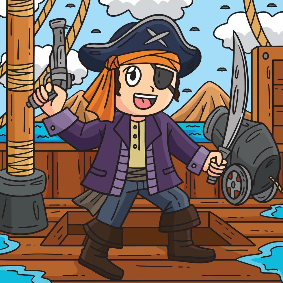 pirata con pistola e arma da taglio colorato cartone animato vettore