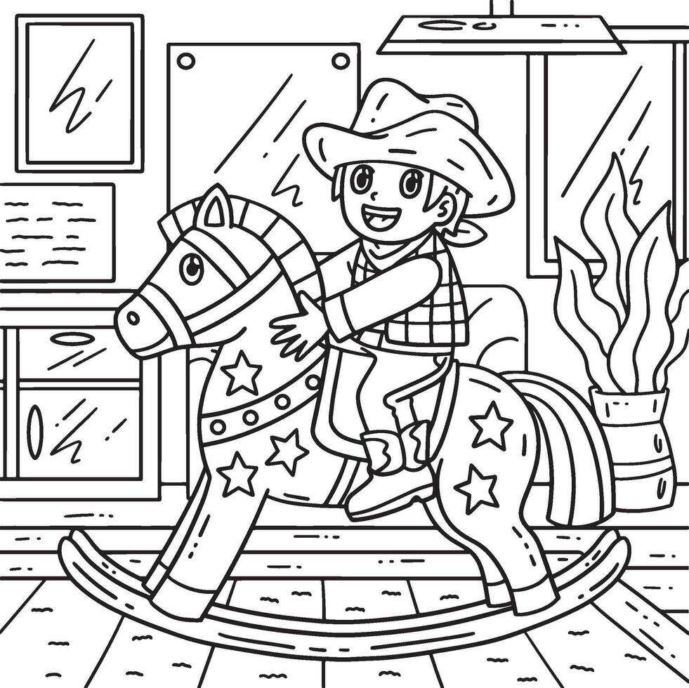 cowboy bambino su a dondolo cavallo giocattolo colorazione pagina vettore