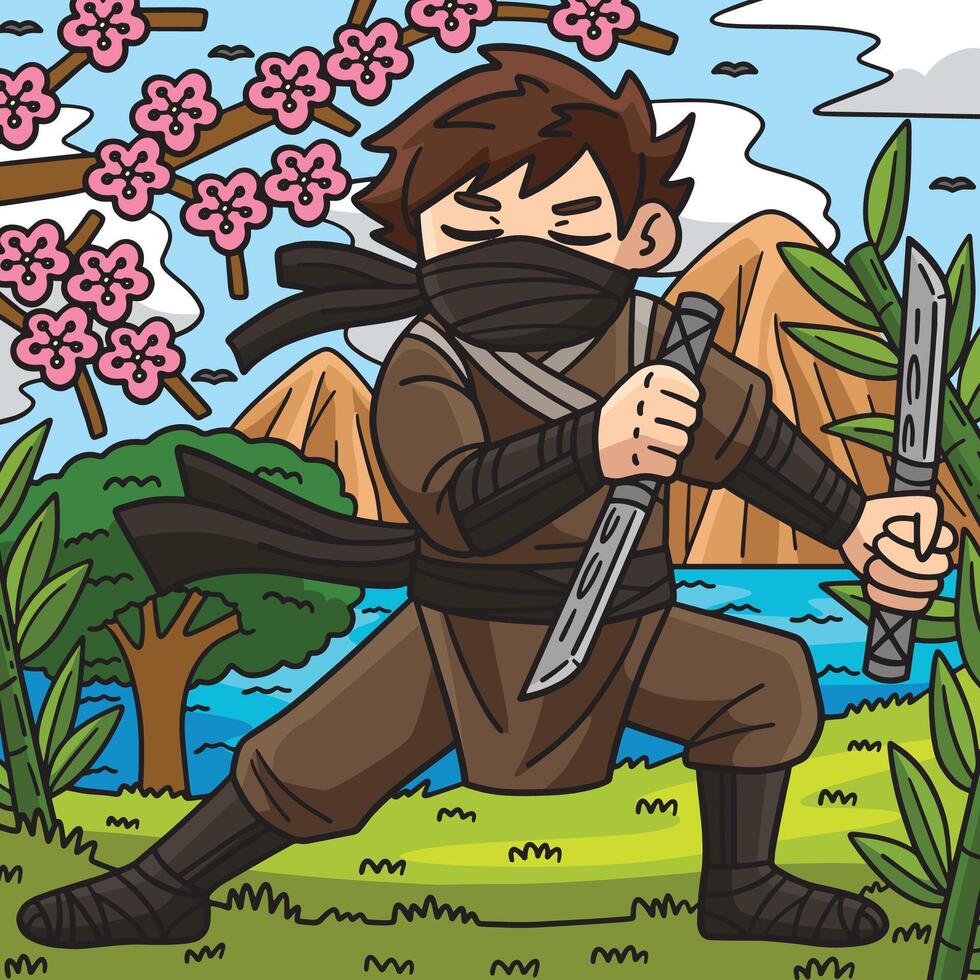 ninja con ninjato colorato cartone animato illustrazione vettore