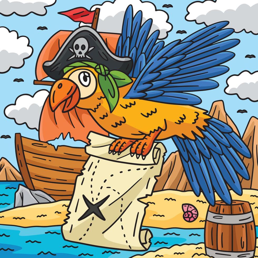 pirata pappagallo con un' carta geografica colorato cartone animato vettore