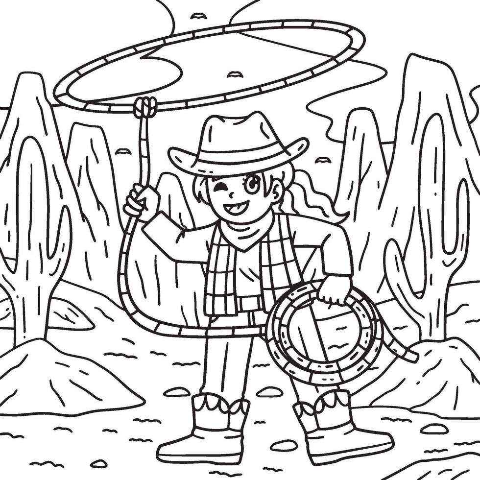 cowgirl con laccio colorazione pagina per bambini vettore