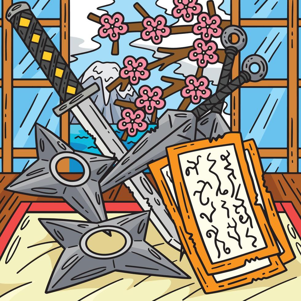 ninja utensili colorato cartone animato illustrazione vettore
