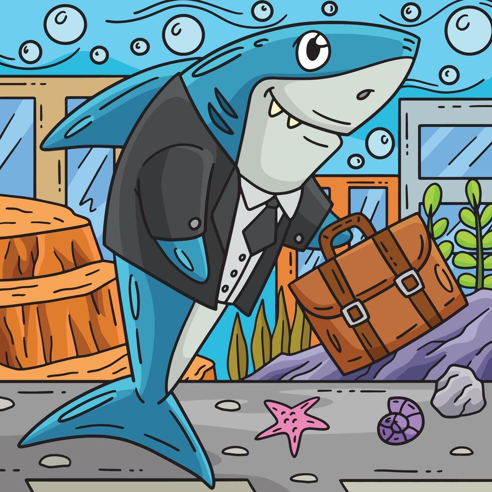 squalo nel un' attività commerciale completo da uomo colorato cartone animato vettore