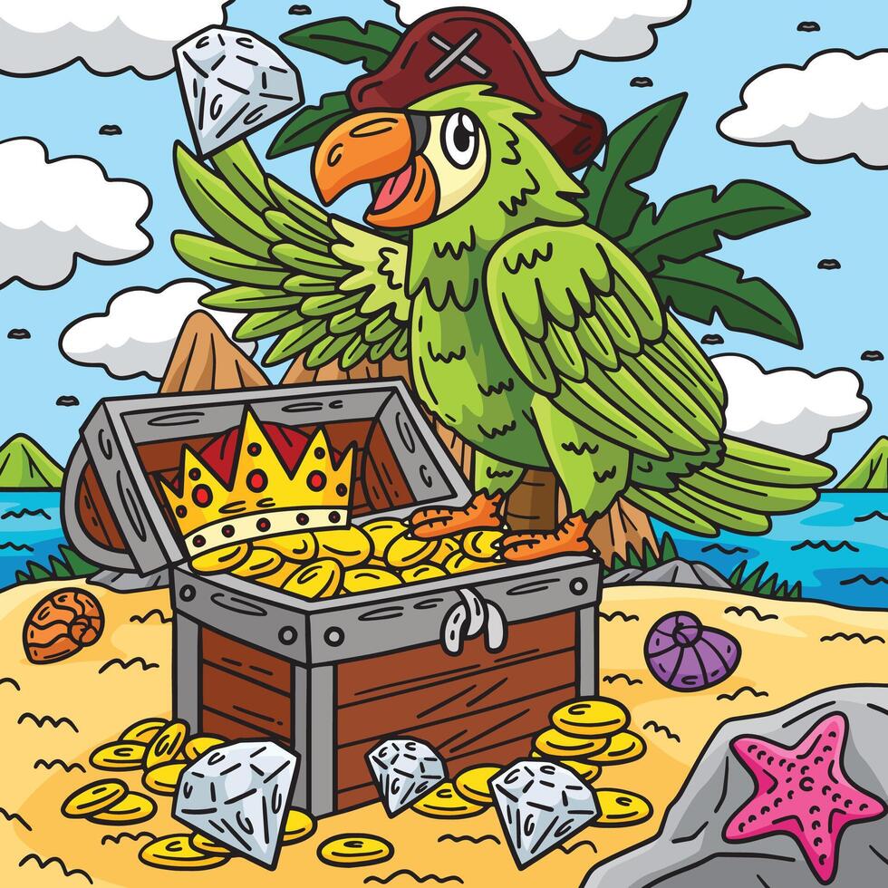 pirata pappagallo perching su il petto colorato cartone animato vettore