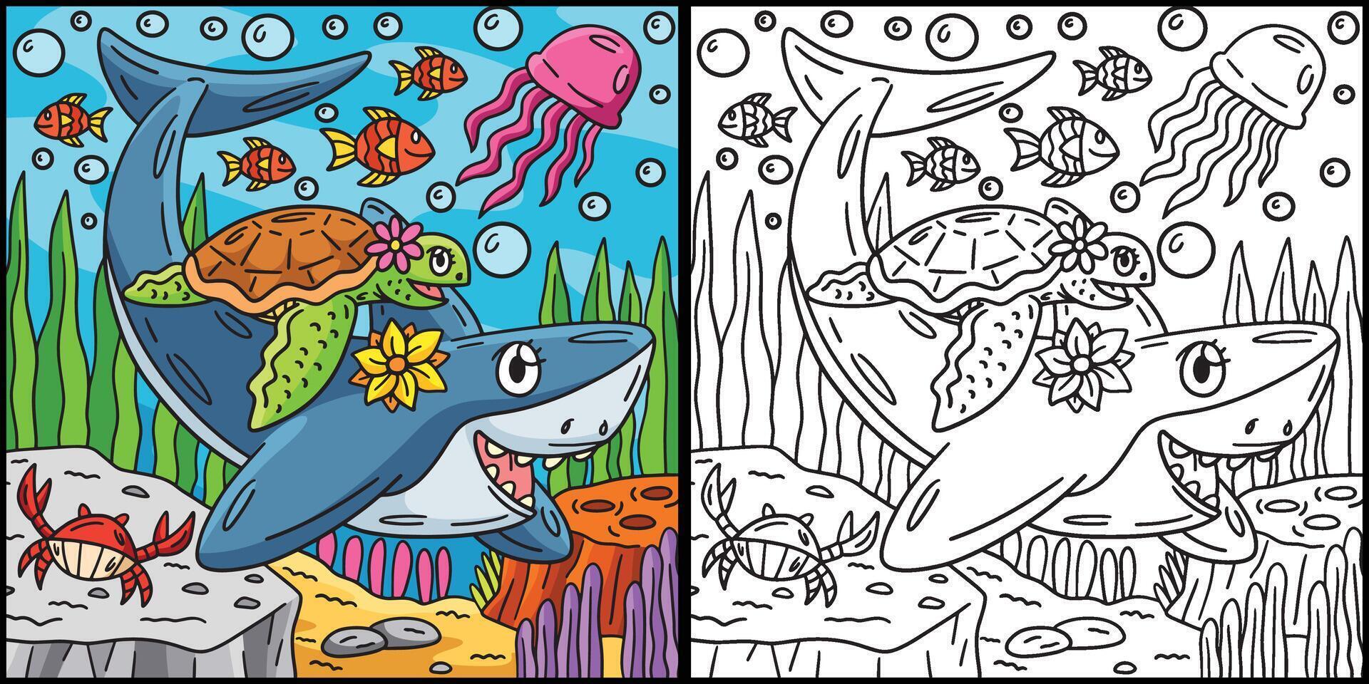 squalo e tartaruga colorazione pagina illustrazione vettore