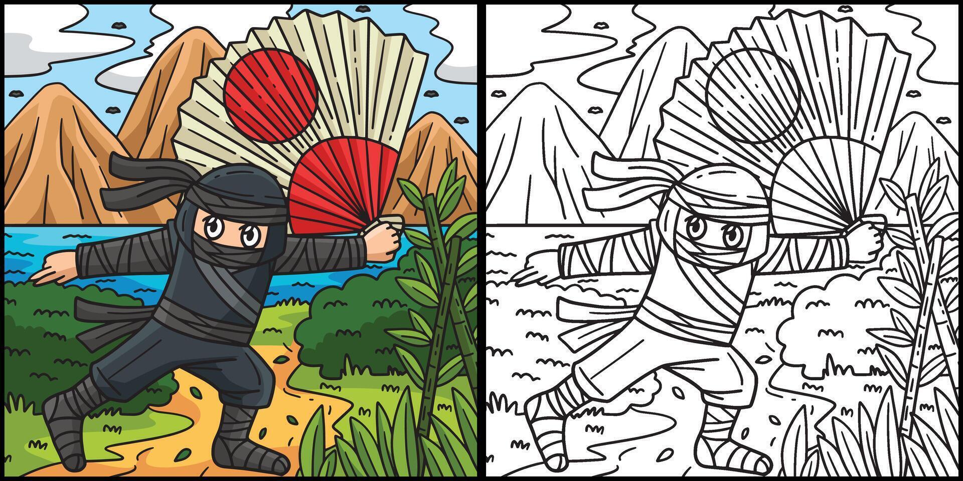 ninja con un' grande fan colorazione pagina illustrazione vettore