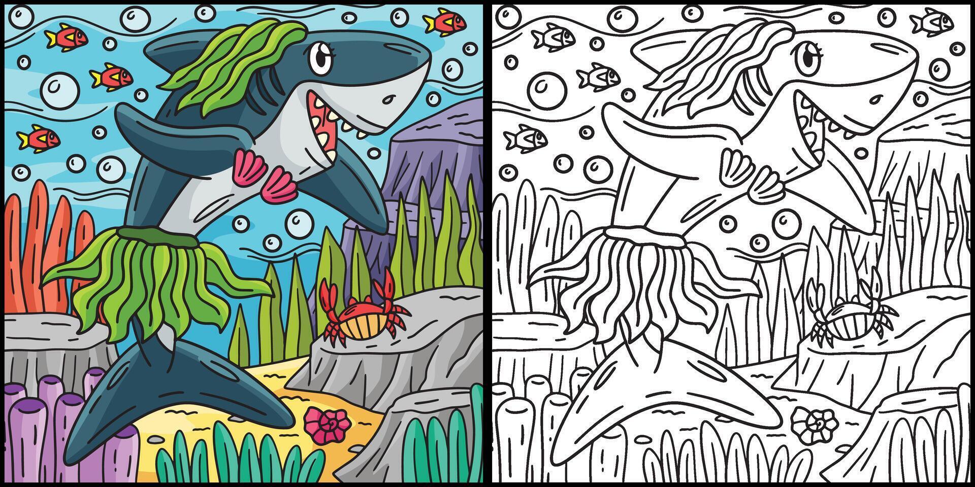 squalo e alga marina colorazione pagina illustrazione vettore