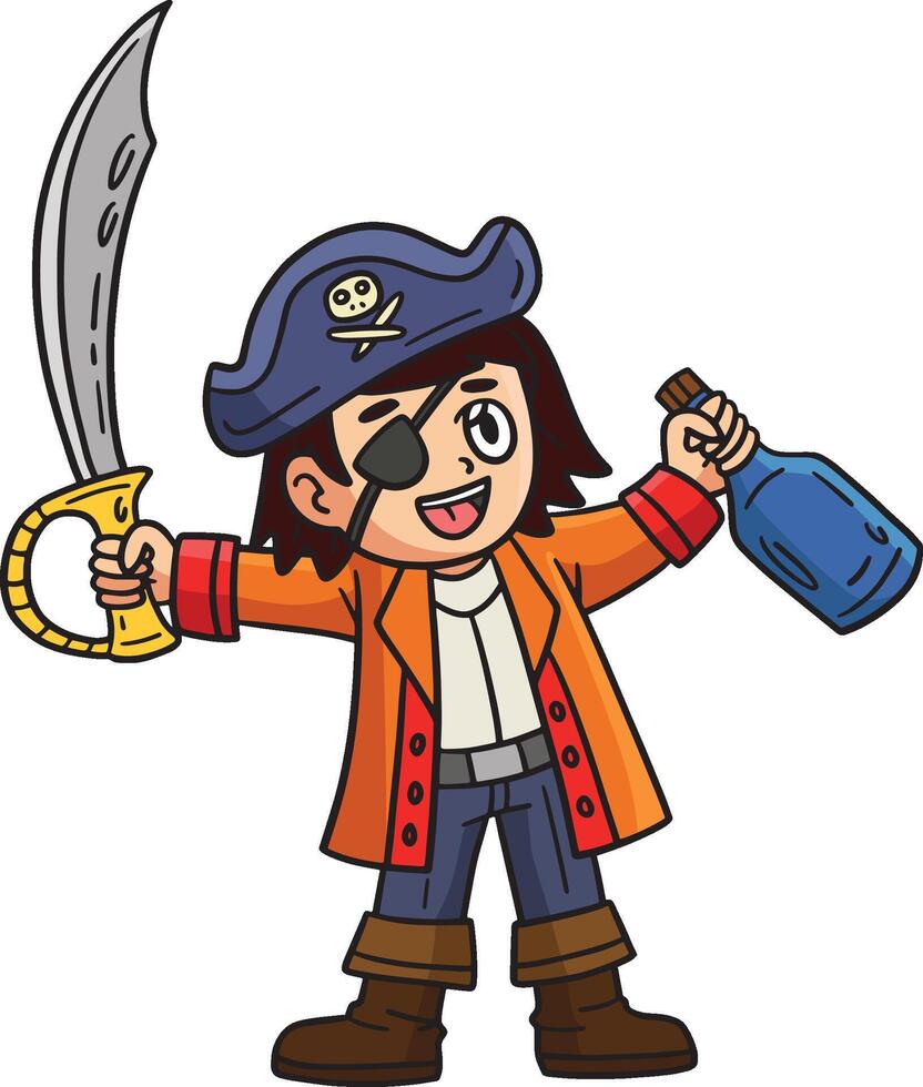 pirata con rum e arma da taglio cartone animato clipart vettore