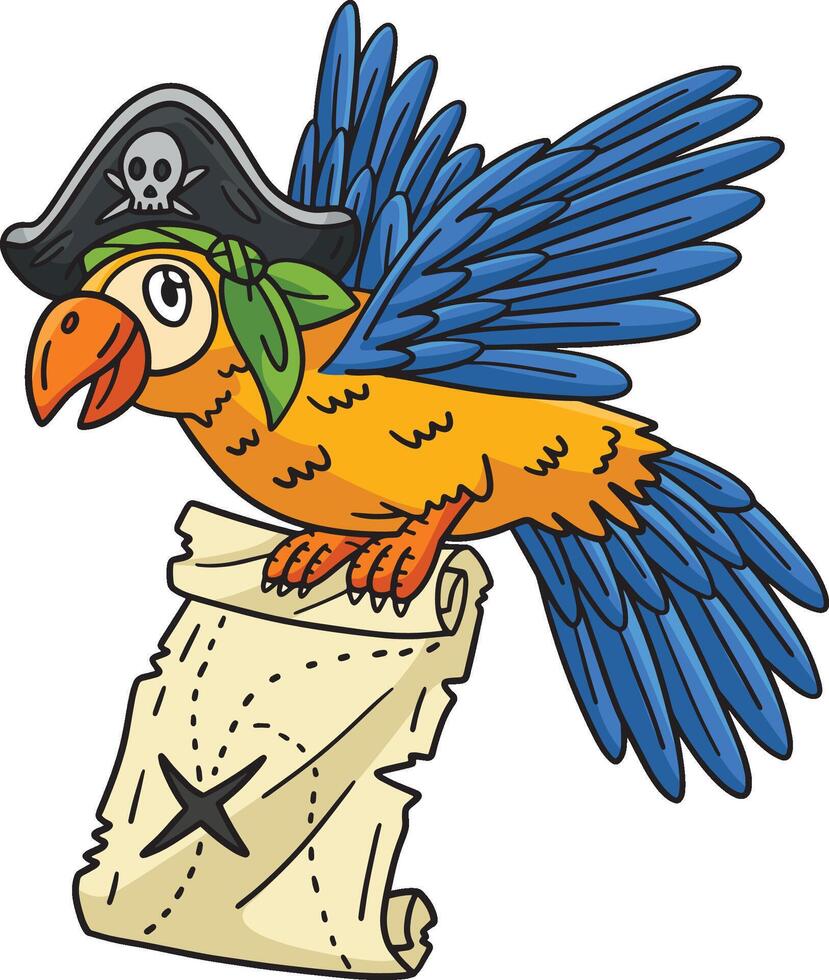 pirata pappagallo con carta geografica cartone animato colorato clipart vettore