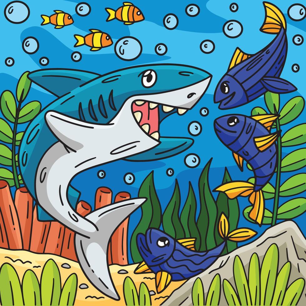 squalo e pesce amico colorato cartone animato illustrazione vettore