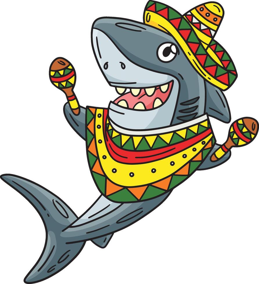 squalo con sombrero e maracas cartone animato clipart vettore