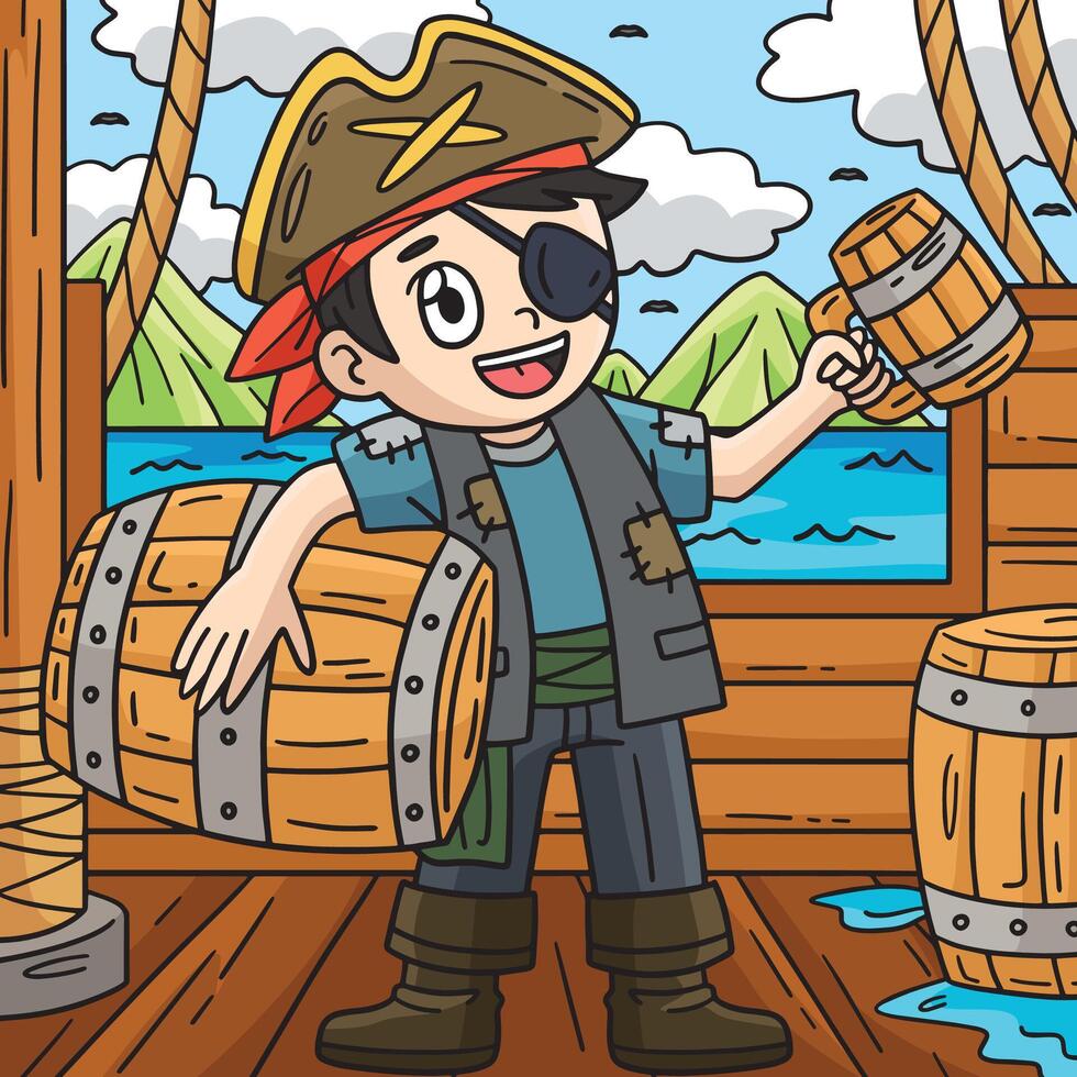 pirata con un' barile di Rum colorato cartone animato vettore