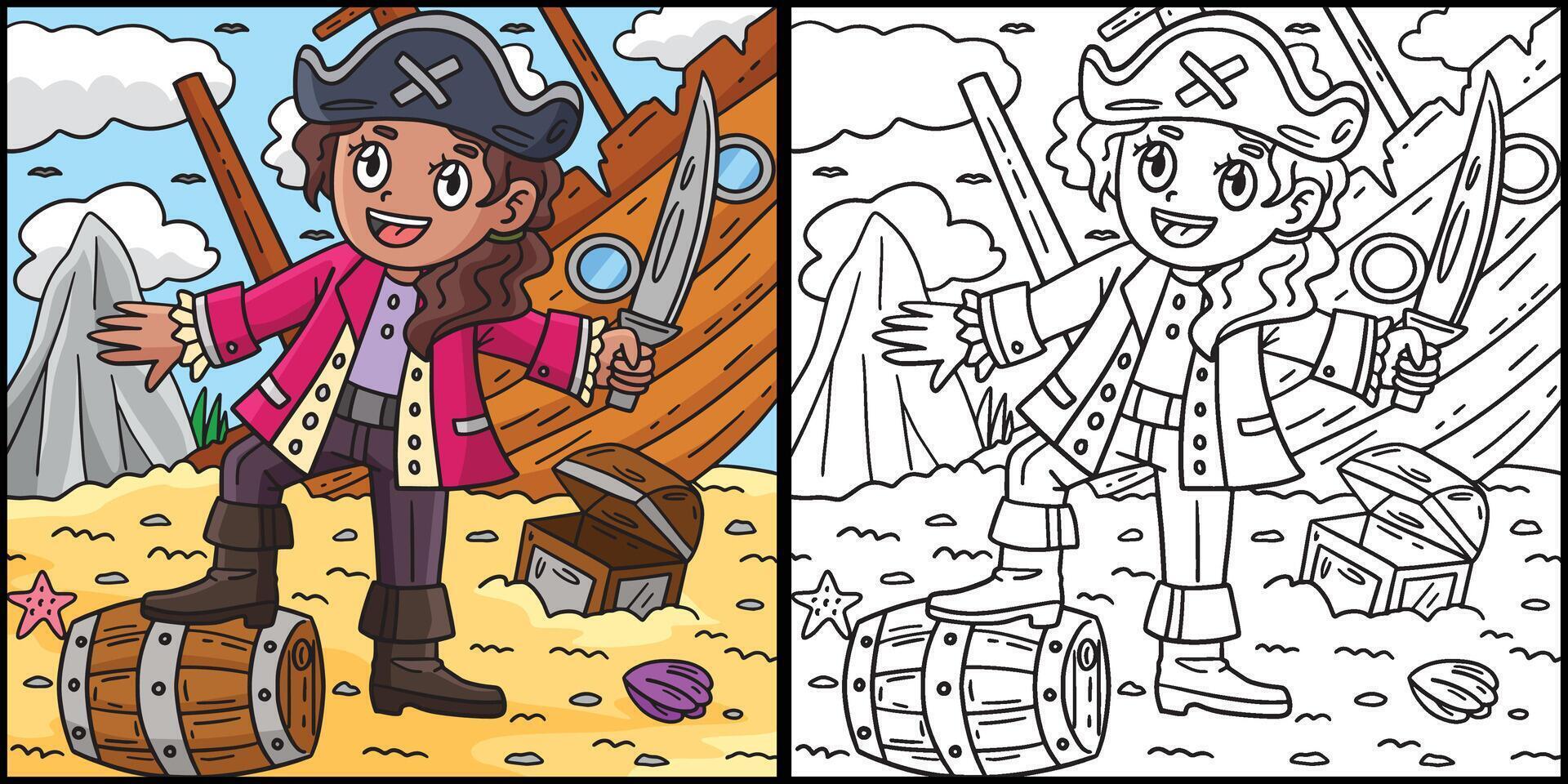 femmina pirata con arma da taglio colorazione illustrazione vettore