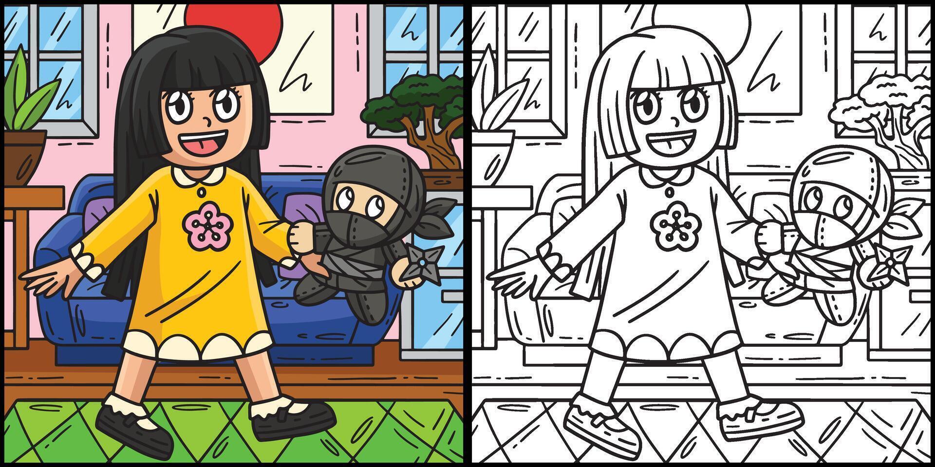 bambino con ninja plushie colorazione illustrazione vettore