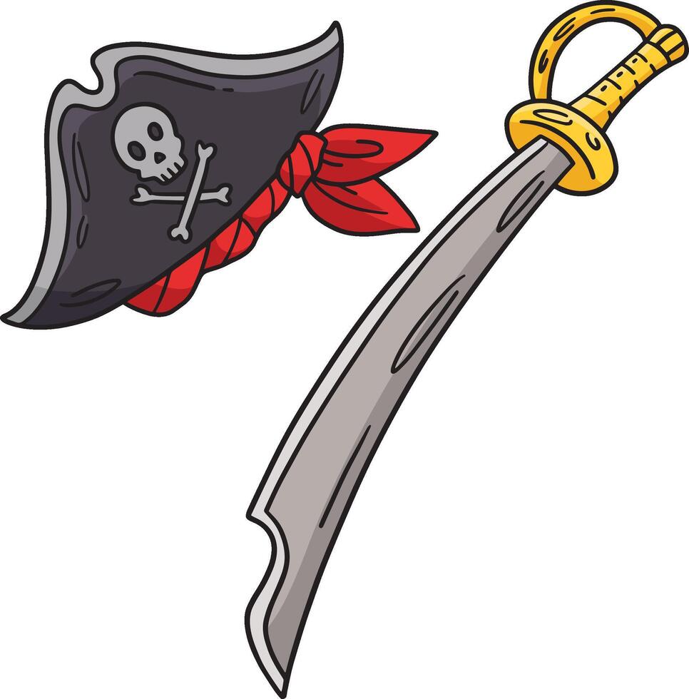 pirata cappello e arma da taglio cartone animato colorato clipart vettore