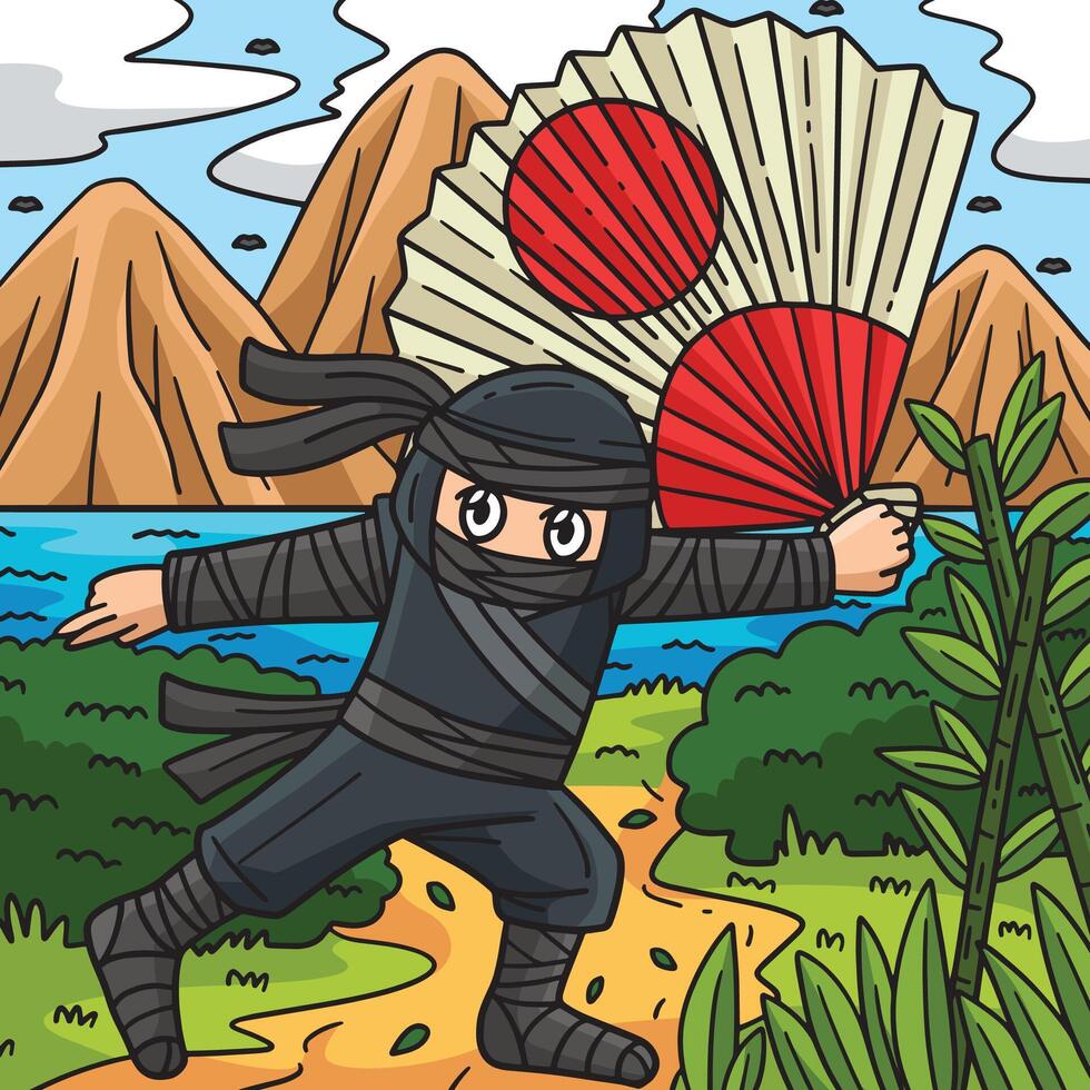 ninja con grande fan colorato cartone animato illustrazione vettore