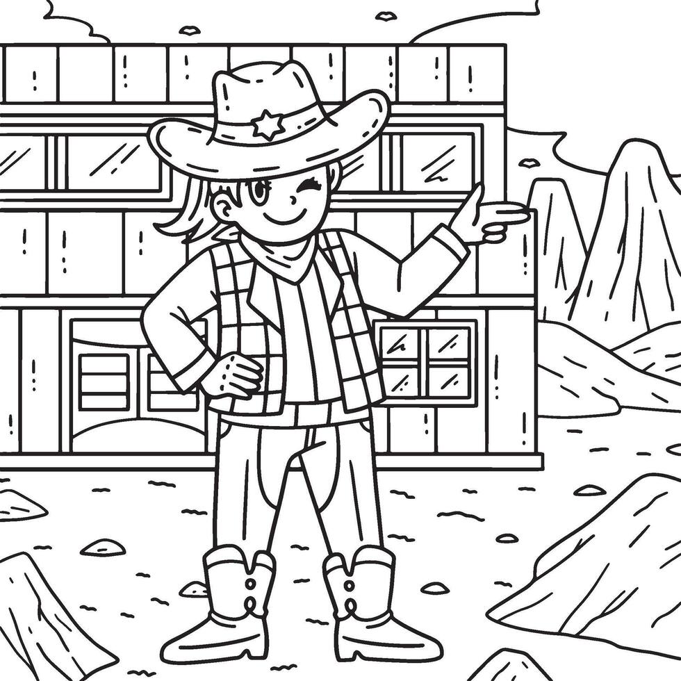 cowgirl con il pistola gesto colorazione pagina vettore