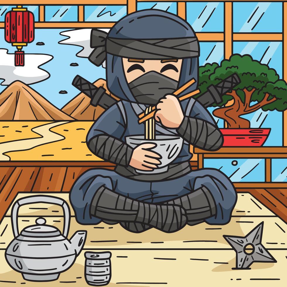 ninja mangiare ramen colorato cartone animato illustrazione vettore